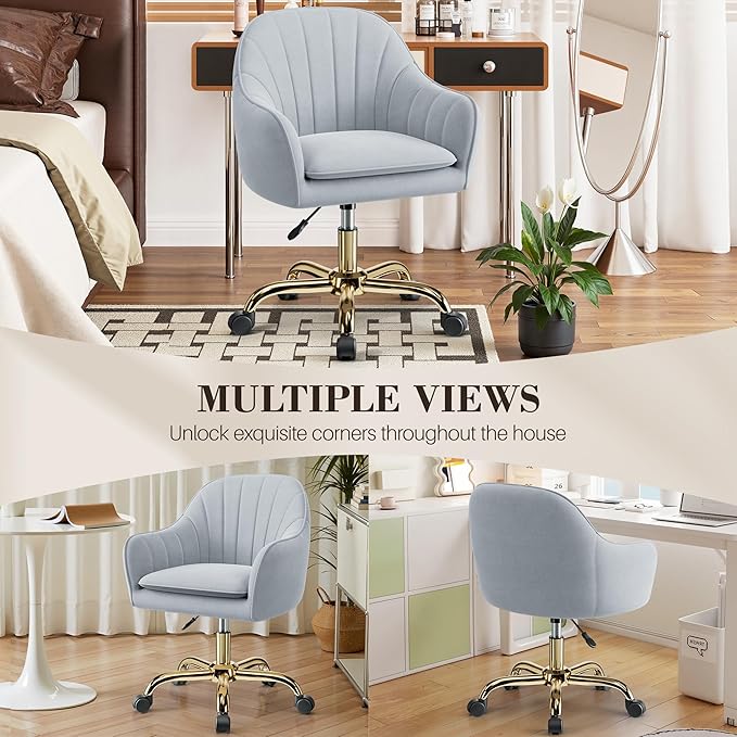 Comfy Home Office Desk Chairs Vanity Chair with Wheels Adjustable Modern Velvet Makeup Vanity Chairs for Bedroom Living Room(Grey)