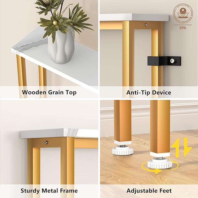 90Inch Console Table with Outlet, Sofa Table with Charger,Skinny Hallway Table, Narrow Entryway Table,Table Behind Sofa,for Living Room,Gold & White