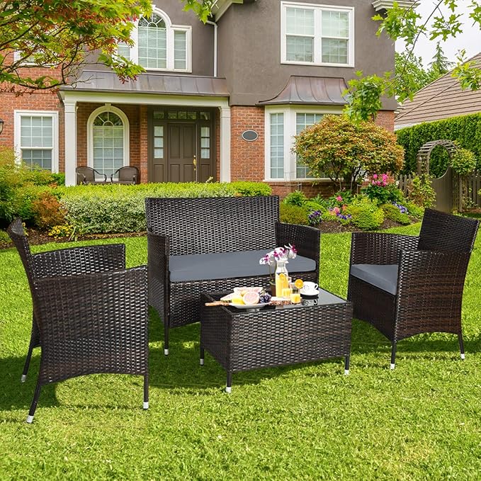 COSTWAY 4PCS Rattan Patio Furniture Set, Outdoor Wicker Rattan Chairs with Coffee Table, Rattan Cushioned Conversation Set for Backyard Balcony Porch Poolside, Grey