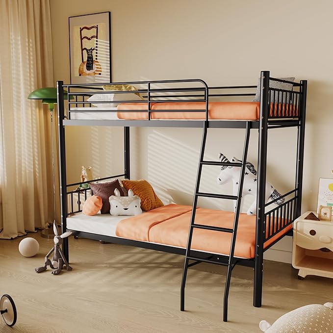 Metal Bunk Bed Twin Over Twin,Loft Bed with Removable Ladder and Full-Length Guardrail,Twin Bunk Beds Frame Heavy Duty Metal Slat Support for Adults, Kids and Young Teens (Black)