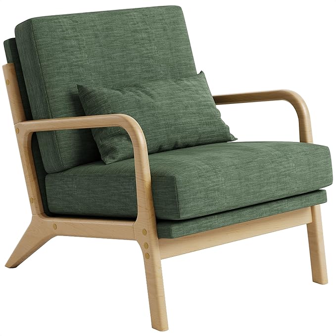 Claiks Mid-Century Modern Accent Chair, Living Room Armchair with Solid Wood Frame & Lumbar Pillow, Comfy Upholstered Lounge Chair for Bedroom, Office, Linen-Like Fabric, Green