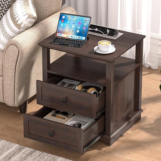 HIFYOBRO Large End Table Set of 2, 2 Drawers and Charging Station, Type-C & USB Port & Power outlets, Wooden End Table, Side Table with Storage for Living Room and Bedroom (Espresso)