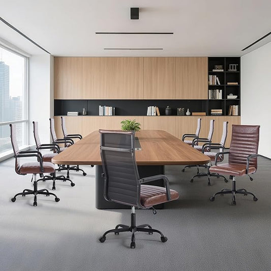 Office Desk Chair, Ergonomic Conference Room Chairs, PU Leather Executive Ribbed Computer Chair, Swivel Rolling Chair for Home Office