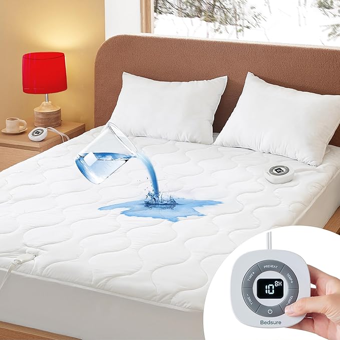 Bedsure Waterproof Heated Mattress Pad Queen - Cotton Bed Warmer with Memory & Preheat Functions, 10 Heat Settings & 12 Hour Shut Off, Dual Controller, Electric Mattress Pad Queen, 60"x80"