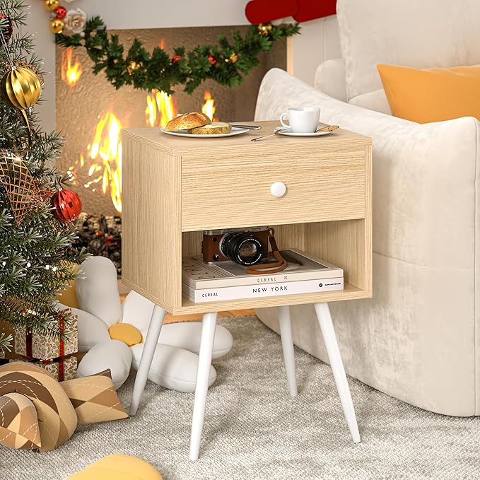 VECELO Nightstands Set of 2, Mid Century Modern End Bedside Table, Night Stand with Storage Drawer and 2 Tiers Open Shelf for Small Place, Bedroom, Living Room, Easy Assembly, Oak Wood