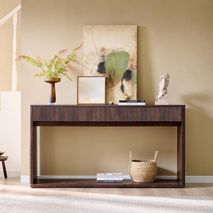 OKD 63" Fluted Console Table for Entryway, Modern Entryway Table with 2 Large Drawers, Long Sofa Table Behind Couch for Living Room, Hallway, Couch, Foyer,Dark Walnut