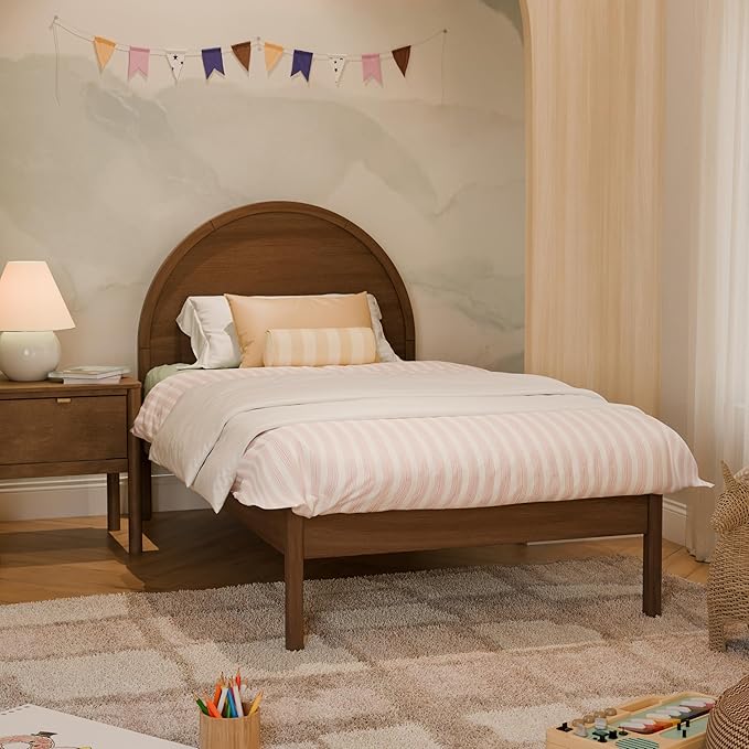 Babyletto Bondi Twin Bed for Kids - GREENGUARD Gold Certified - Twin Bed Frames with Arched Headboard - Universal Mattress Fit - No Box Spring Needed, Perfect for Boys & Girls Room - Natural Walnut