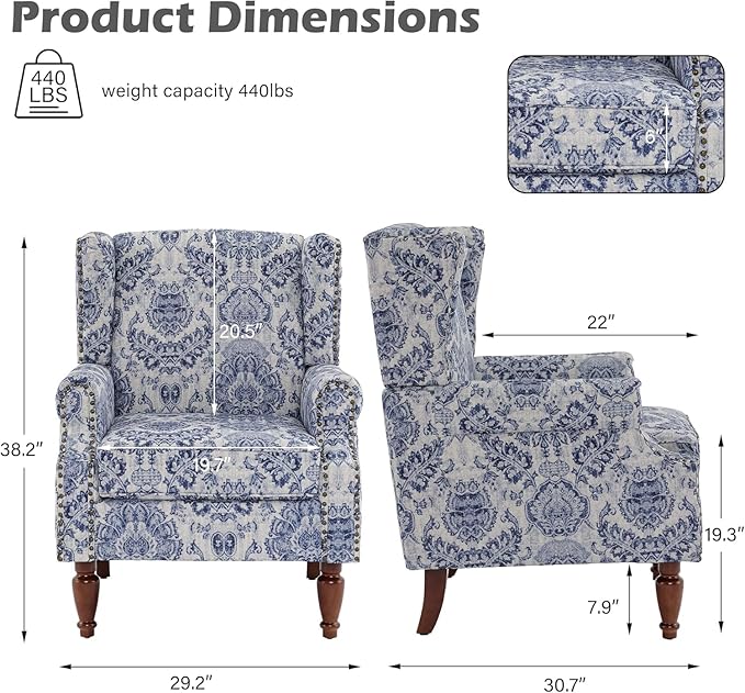 UIXE High Back Floral Accent Chair, Fabric Upholstered Armchair for Living Room, Retro Wingback Arm Chair with Solid Wood Legs, Nailhead Trim Single Sofa Bedroom Reading Seat - Navy Blue