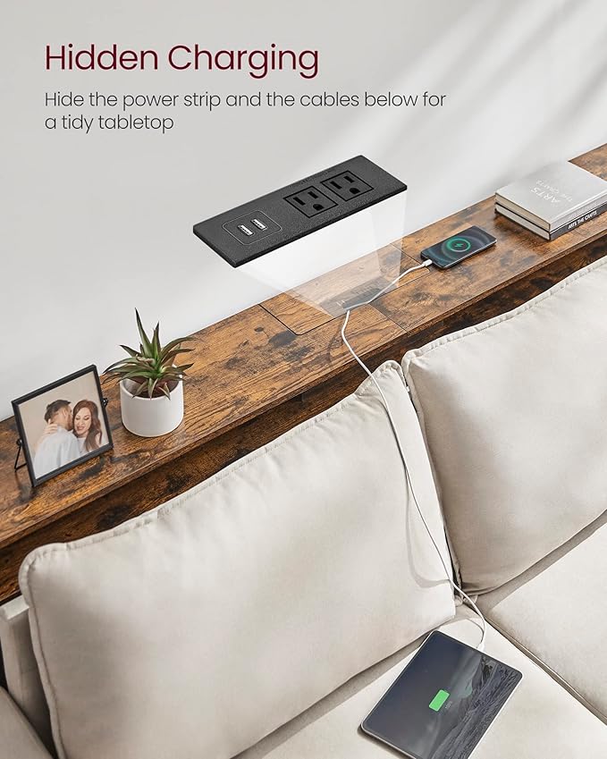 VASAGLE 70.9-Inch Console Table with Outlet and Shelves, Sofa Table with Charging Station, Behind Couch Table Skinny, Entryway Table for Hallway, Living Room, Rustic Brown and Ink Black ULNT118B01
