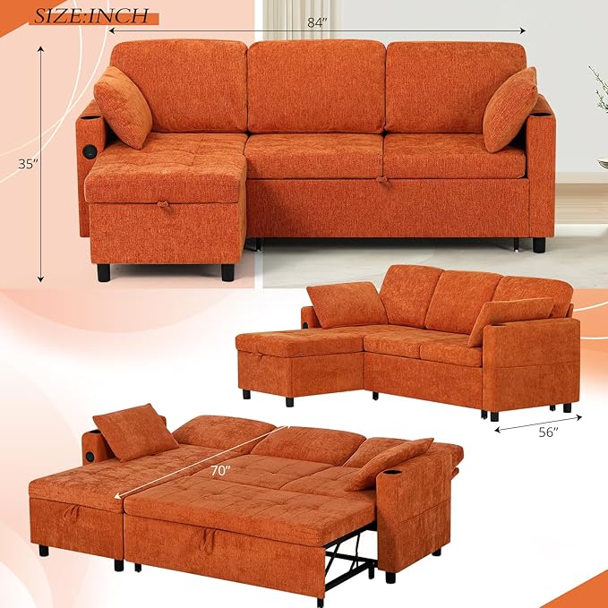 84" Chenille Pull Out Sofa Bed w/Adjustable Backrest, L-Shape Modern Sleeper Sofa w/Reversible Chaise, Upholstered Sectional Couch w/USB Port and Side Pockets for Living Room, House, Orange