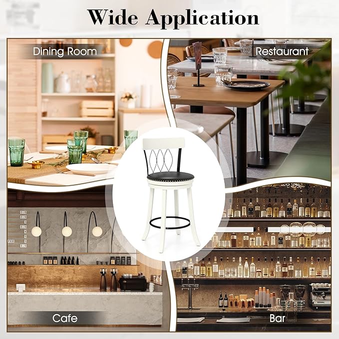 COSTWAY Bar Stools Set of 4, 26” Seat Height Swivel Barstools with Ergonomic Backrest, Soft Cushion & Footrest, Rubber Wood Counter Height Bar Chairs Upholstered Dining Chairs for Kitchen Island