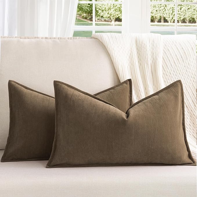 ZWJD Brown Pillow Covers 12x20 Set of 2 Chenille Throw Pillow Covers with Elegant Design Soft and Luxurious Decorative Throw Pillows for Couch, Bed, and Home Decor