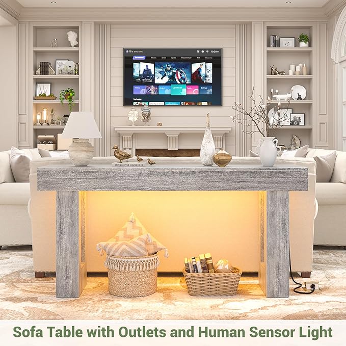 Unikito 63'' Farmhouse Console Table with Power Outlets and Sensor Light, Wooden Entryway Table with Storage, Rectangular Sofa Tables Behind The Couch for Entrance, Hallway, Living Room, White Oak