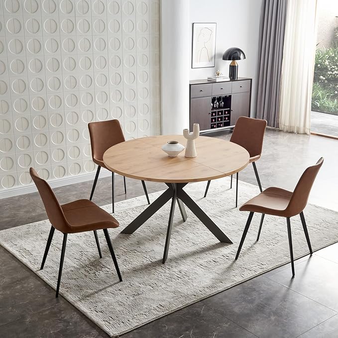 46.4" Round Dining Table Set, Mid Century Modern Round Dining Table for 4-6 Person, w/Steel Legs, Coffee Table for Kitchen Dining Room, Office, Save Space (1 Table with 4 Brown Chairs)