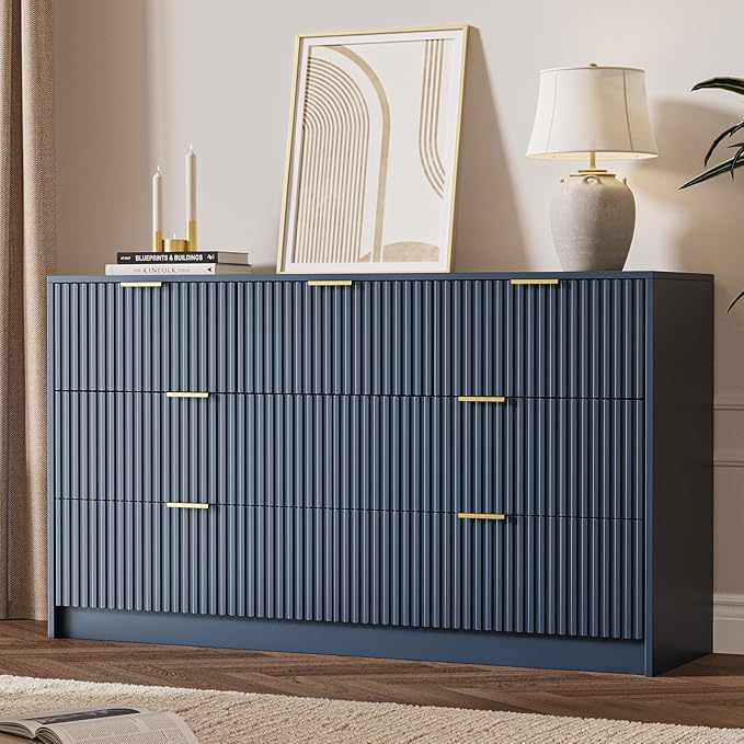 7 Drawer Dresser for Bedroom, Modern Fluted Dresser with Gold Metal Handles, Wide Chest of Drawers for Bedroom, Living Room, Entryway, Hallway, 55.9" L x 15.7" D x 31.4" H, Navy Blue