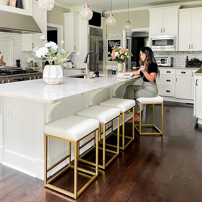 PHI VILLA White and Gold Bar Stools Set of 2 - Thick Cushion Metal Steel Frame Base with Footrest 24 Inch Barstools, Counter Height Bar stools