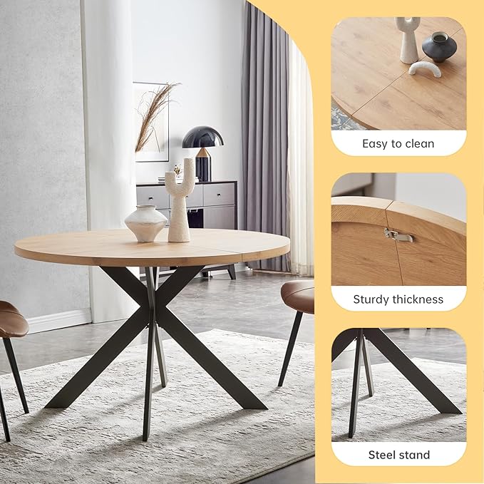 46.4" Round Dining Table Set, Mid Century Modern Round Dining Table for 4-6 Person, Steel Legs, Leisure Coffee Table for Kitchen Dining Room, Save Space