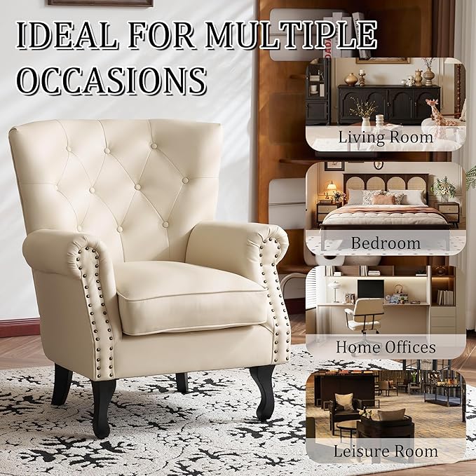 Modern Faux Leather Accent Chair, Upholstered Mid-Century Armchair with Solid Wood Legs, Single Sofa Chair for Living Room, Bedroom, or Reading Room(Ivory White)