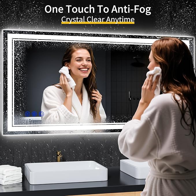 48"x24" LED Bathroom Mirror with Anti-Fog, Stepless Dimmable Lights, 3 Color Modes, Shatter-Proof Tempered Glass, Memory Function & Waterproof Design
