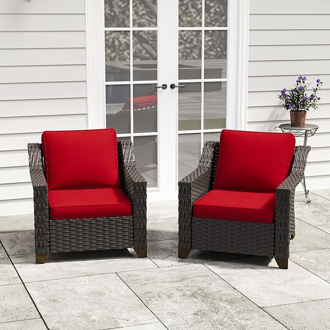 Patio 2 Pieces Wicker Chairs Set of 2,Outdoor PE Rattan Armchairs, Water-Resistant Cushions with Removable and Washable Covers, Porch, Balcony, Sunroom (Red)