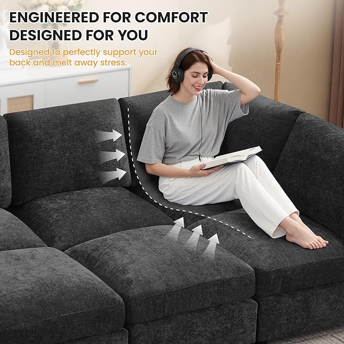 Modular Sectional Cloud Sofa Bed, 6-Seater Convertible Sofa Couch with Ottoman, Modern Deep Seat Sleeper Sofa for Living Room, Chenille Dark Grey