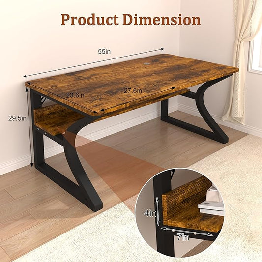 StarGraph Computer Desk 55'' Large Home Office Desk with Sturdy Metal Frame U Shaped Modern Computer Desks with Storage Study Writing Office Work from Home Desks (Rustic Brown, 55 inch)