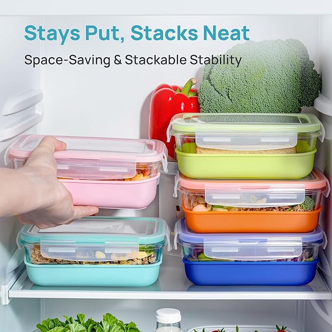 Vtopmart 5 Pack 28oz Glass Food Storage Containers Set with Silicone Sleeve,Glass Meal Prep Containers, Lunch containers with Airtight BPA-Free Plastic Lids, Dishwasher, Microwave, and Freezer Safe