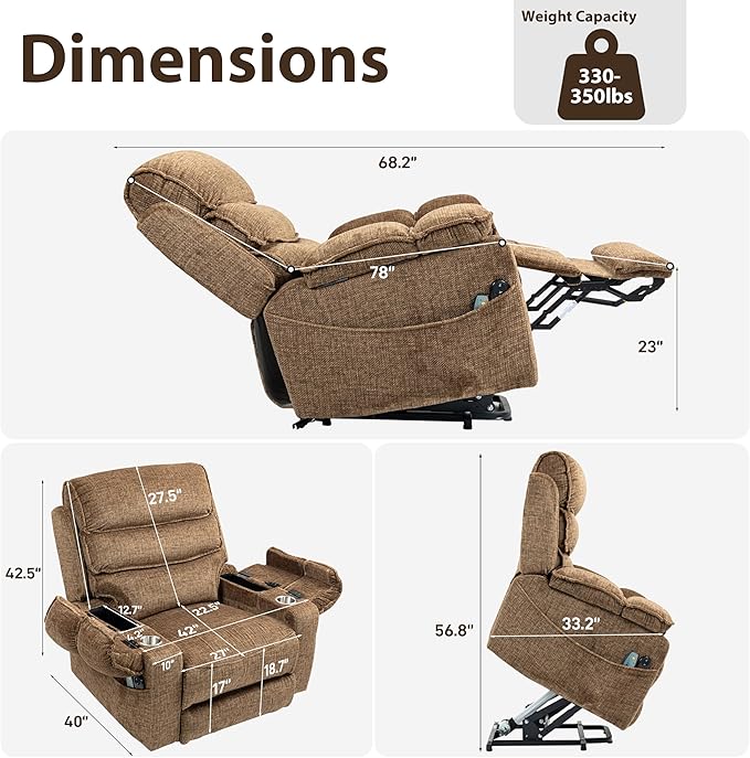 27in Extra Wide Power Lift Recliner Chair for Big Tall with Extended Footrest Heat Massage, Oversized Electric Lift Recliner Chairs for Adults Elderly Seniors, Arm Storage & Cup Holders