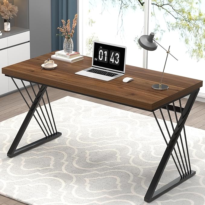 FOLUBAN Computer Desk for Home Office Workstation, Modern Writing Study Work Table, PC Gaming Table for Bedroom Living Room, Rustic Walnut, 53 Inch