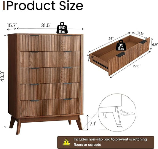SUNWAVE Fluted 5 Drawer Dresser for Bedroom, 43.3" Tall Dressers with Round Corner, Mid-Century Modern Wood Chest for Living Room, Entry