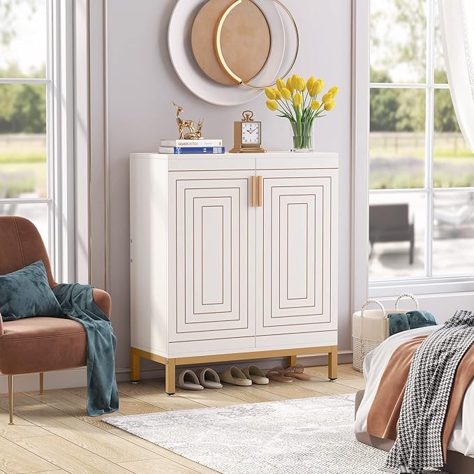 LITTLE TREE Shoe Cabinet with Doors, 20 Pairs Entryway Shoe Storage Cabinet Modern Storage Organizer for Closet, Living Room, Bedroom (White/Gold)
