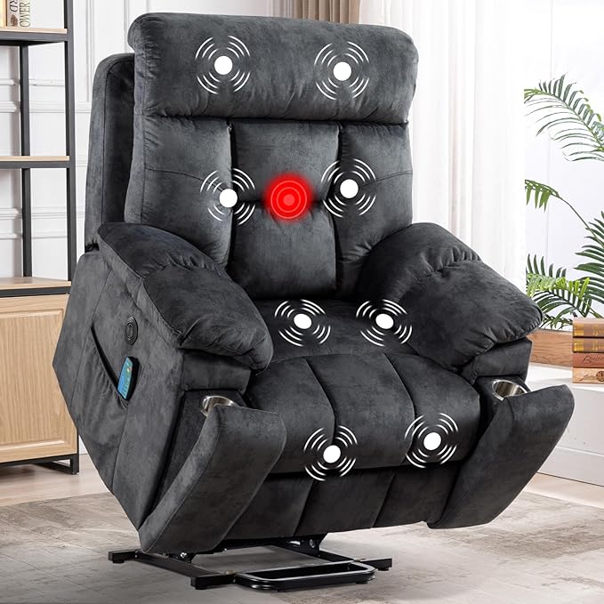 CANMOV Large Power Lift Recliner Chair with Massage and Heat for Elderly Big and Tall People, Overstuffed Wide Recliners with 2 Cup Holders, Side Pocket and USB Port, Grey