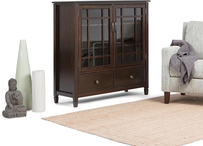 SIMPLIHOME Connaught SOLID WOOD 46 Inch Wide Traditional Tall Storage Cabinet in Dark Chestnut Brown, For the Living Room, Entryway and Family Room