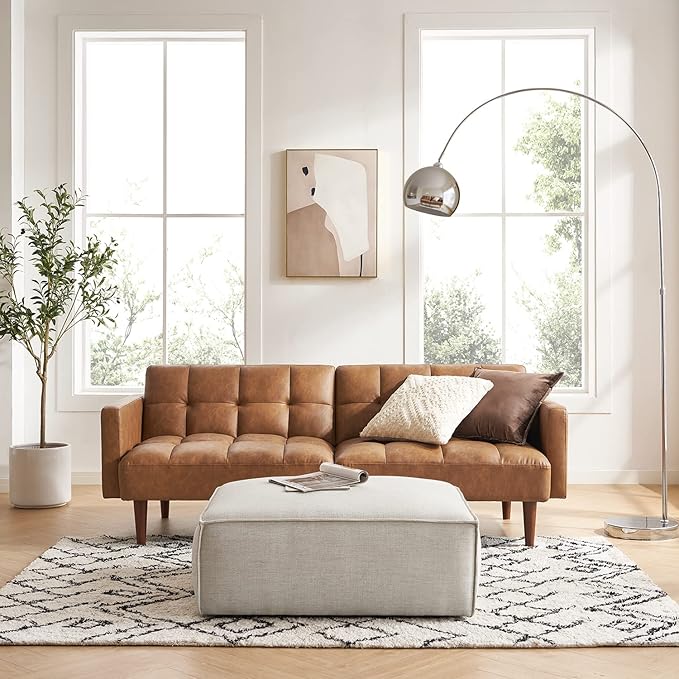mopio 76.4" Futon Sofa Bed, Couch, Loveseat, Sleeper Sofa, Mid Century Modern Futon Couch, Sofa Cama, Couches for Living Room (Aaron PU, Pecan Brown)