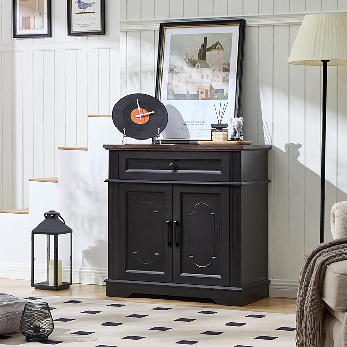 Black Farmhouse Storage Cabinet with 2 Doors and 1 Drawer, Adjustable Shelf, Freestanding Kitchen Pantry Cabinet, Modern Buffet Sideboard Coffee Bar Cabinet Living Room Bathroom Dining Room