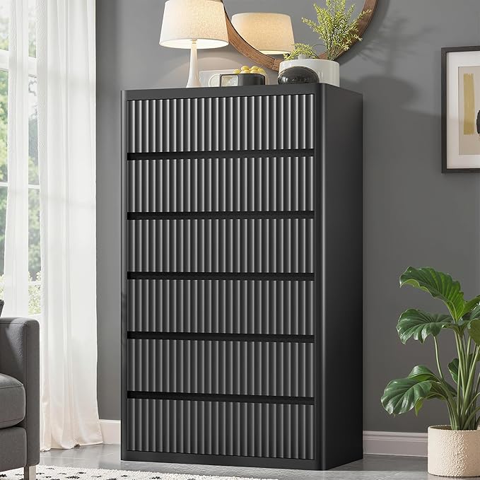 Black 56" Tall Dresser for Bedroom, Fluted Modern 6 Drawers Deep Dressers, Wood Chest of Drawers with Handleless, Curved Profil Storage Closet Dressers for Bedroom, Living Room, Hallway