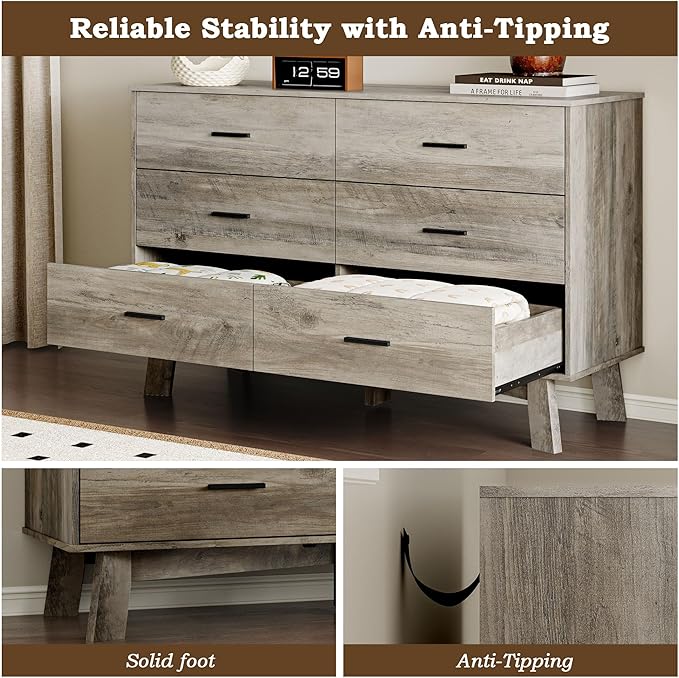 Dresser for Bedroom with 6-Drawer, 47.2" Modern Chest of Drawers with Metal Handles, X-Shape Base & Adjustable Center Leg, Anti-Tip Closet Organizers and Storage