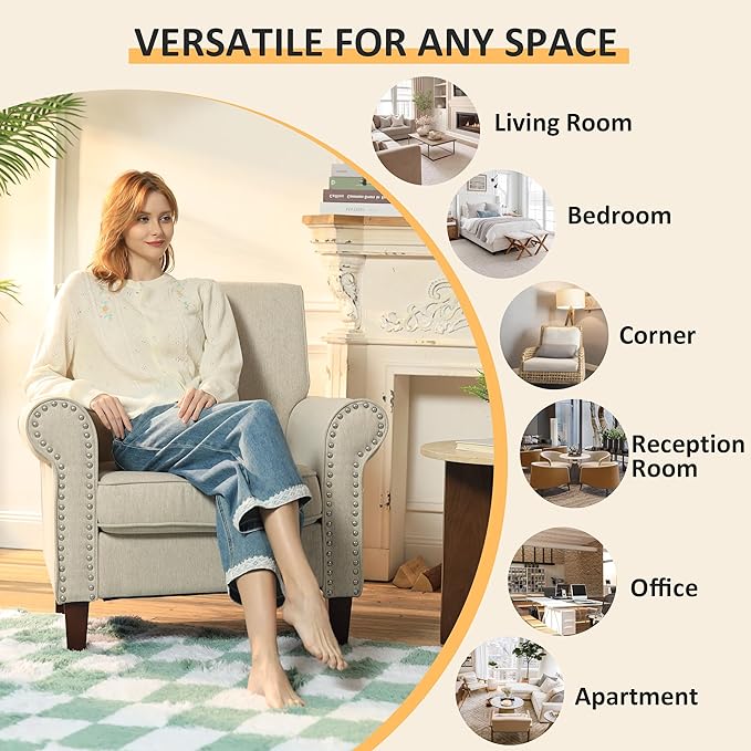 PrimeZone Comfy Accent Chair, Mid-Century Modern Fabric Living Room Chair Reading Chair with Soft Cushion, Nailhead Trim & Rolled Armrest, Arm Chair Sofa Chairs for Bedroom Waiting Room Office, Beige