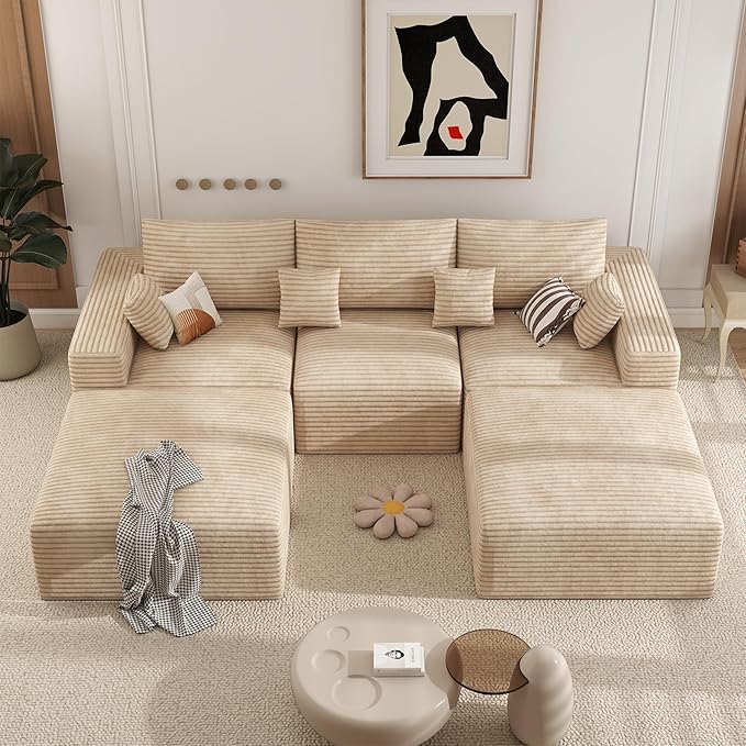 113" Modular Sectional Sofa, Convertible U-Shaped Cloud Couches for Living Room with Ottoman, 5 Seater Corduroy Boneless Couch Sofa Set, No Assembly Required, Khaki 1 PCS