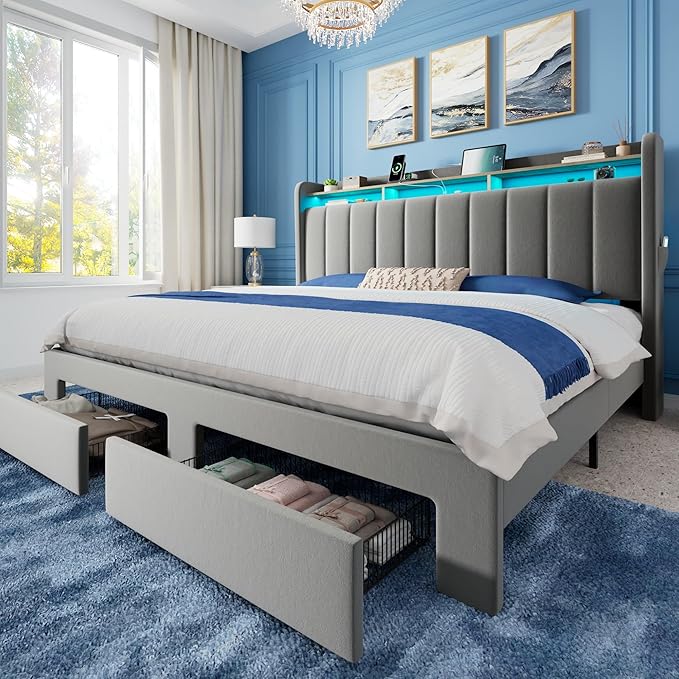 Allewie Velvet Vertical Tufted King Size Upholstered Platform Bed Frame with 2-Tier LED Storage Headboard & 2 Storage Drawers, USB & Type-C Charging Ports, Noise-Free/No Box Spring Needed, Grey
