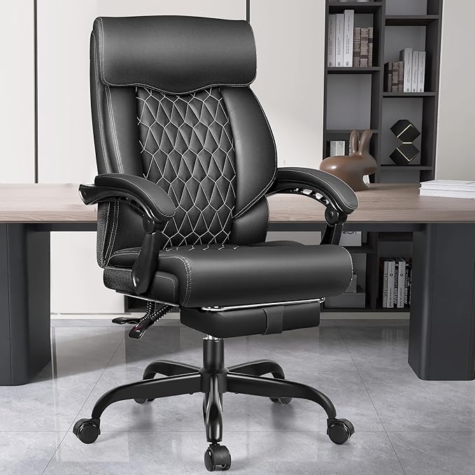 Big and Tall Executive Leather Reclining Office Chair with Footrest and Lumbar Support