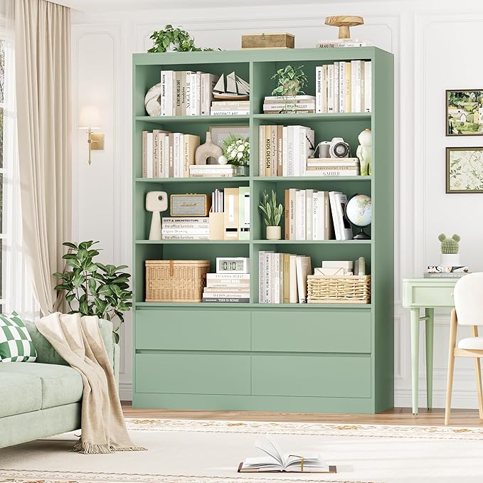 FINETONES 71" Bookshelf with Drawers, 47.3" Double Wide Bookshelves and Bookcases with Storage, Tall Bookshelf Large Open Book Shelf Standing Book Case for Home Office, Green