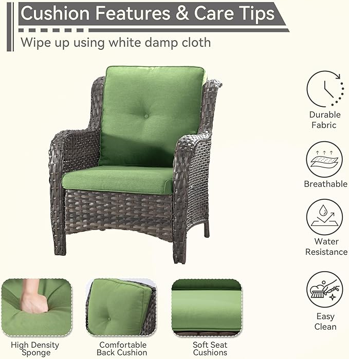 4 Pieces Patio Conversation Set, Wicker Chairs Set of 2 and Two Ottomans with 3.5-inch Seat Cushions, High Back and Curved Armrest for Backyard, Balcony and Deck, Green