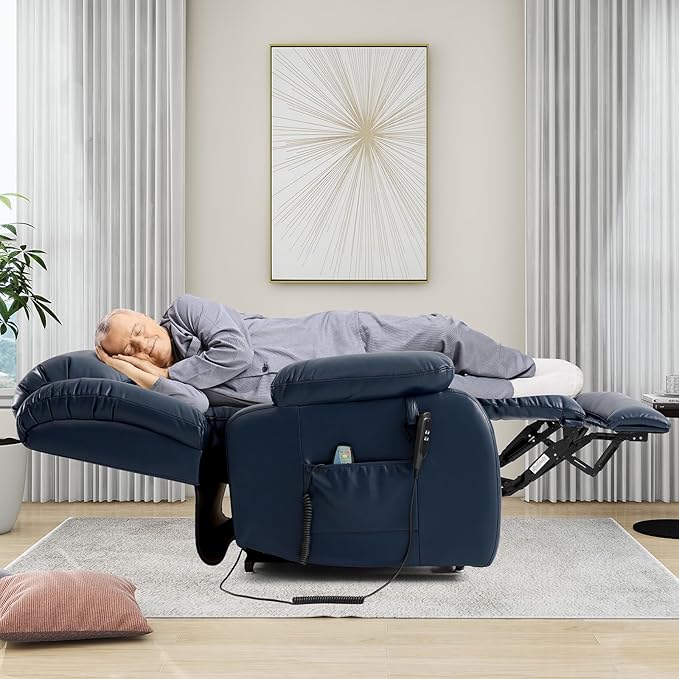 EDILLY Extra Large Power Lift Recliner Chairs for Elderly,Infinite Position Lay Flat Dual Motor Recliners Chair,with Heating and Massage, Breathable Leather,USB Ports and Remote Control(Blue)
