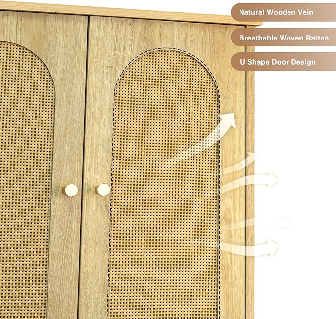 Rattan Toilet Storage Cabinet, Over the Rack Wood Cabinet with Metal Stand, Bathroom Organizer with Adjustable Shelf, Tall Freestanding Washer Shelf, Small Cupboard, Space Saver, Natural style