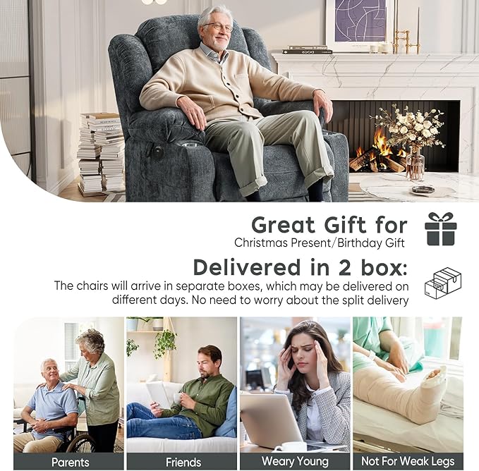 ABCASA Large Dual Motor Lay Flat Power Lift Recliner Chair for Elderly with Heat & Massage, Comfortable Chenille Recliner, Cup Holder, Side Pocket,USB-A & C Ports, Gray Blue