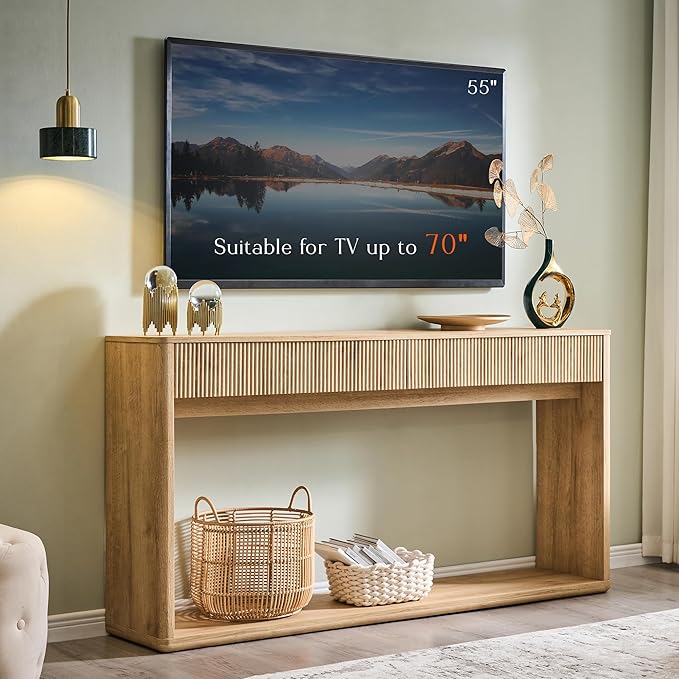 OKD 63" Fluted Console Table for Entryway, Modern Entryway Table with 2 Large Drawers, Long Sofa Table Behind Couch for Living Room, Hallway, Couch, Foyer,Natural Oak