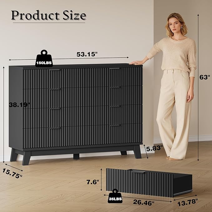 53" Tall Dresser for Bedroom, 8-Drawer Fluted Chest of Drawers, Modern Wood Highboy with Metal Slides and Handles, Anti-Tip Kit, Vertical Clothes Storage Organizer for Apartment, Closet