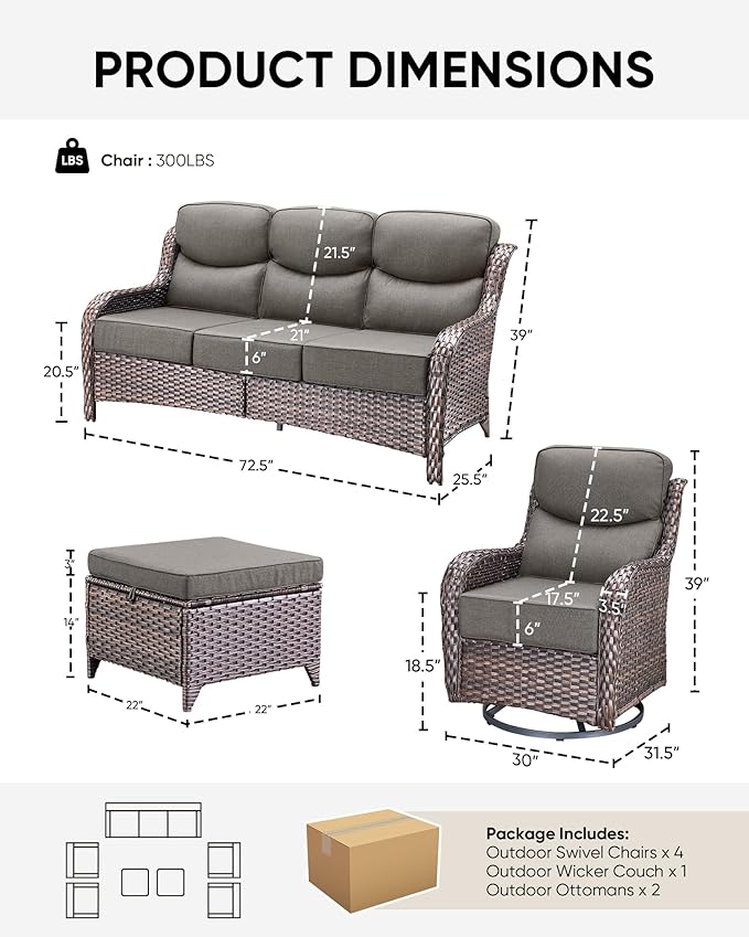 HUMMUH 7 Pieces Wicker Patio Furniture Set with Patio Swivel Chairs Set of 4,High Back Outdoor Sofa Ottomans,6 Inch Thick Cushions Outdoor Conversation Set for Porch, Balcony, Deck