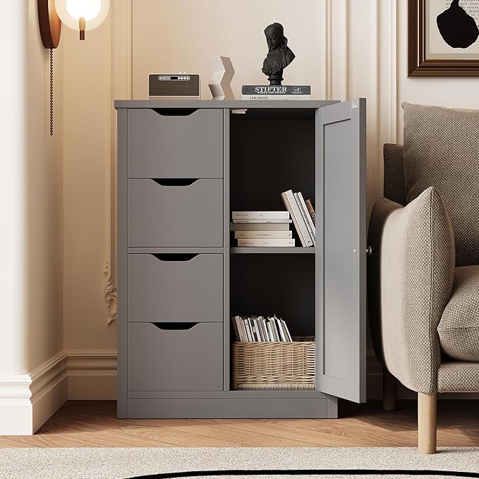 Shintenchi Bathroom Floor Storage Cabinet, Wooden Storage Organizer with 4 Drawers and 1 Cupboard, Freestanding Bathroom Furniture, Home Storage Unit with Adjustable Shelf, Gray